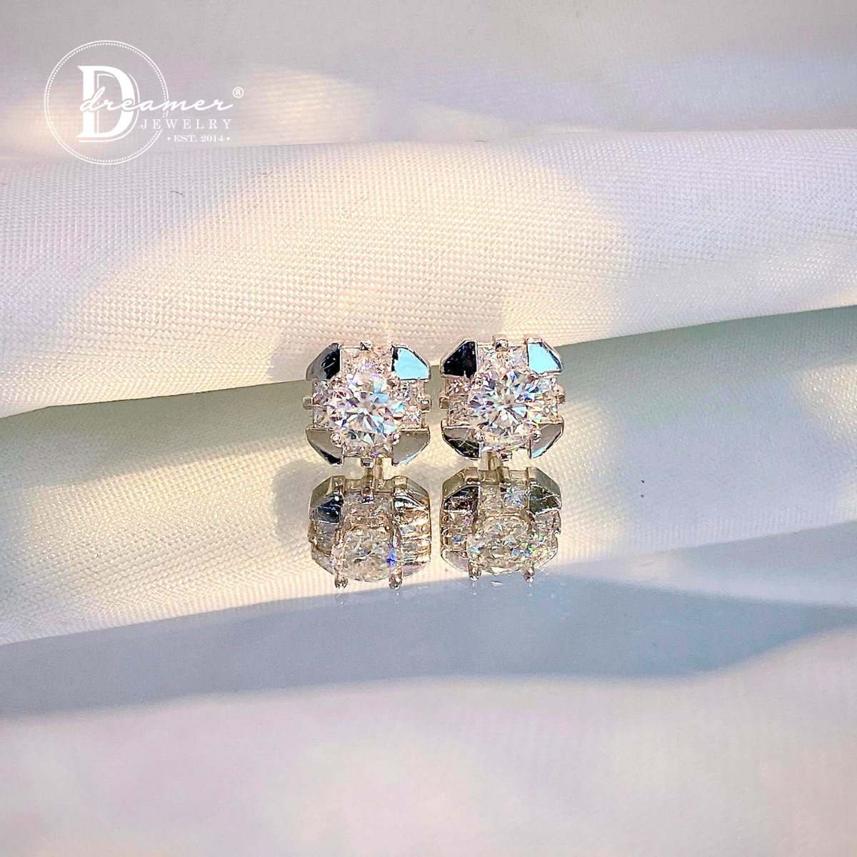 Modern Square Halo Moissanite Stud Earrings – White Gold Plated 925 Silver
