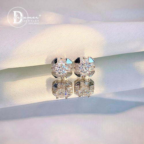 Modern Square Halo Moissanite Stud Earrings – White Gold Plated 925 Silver