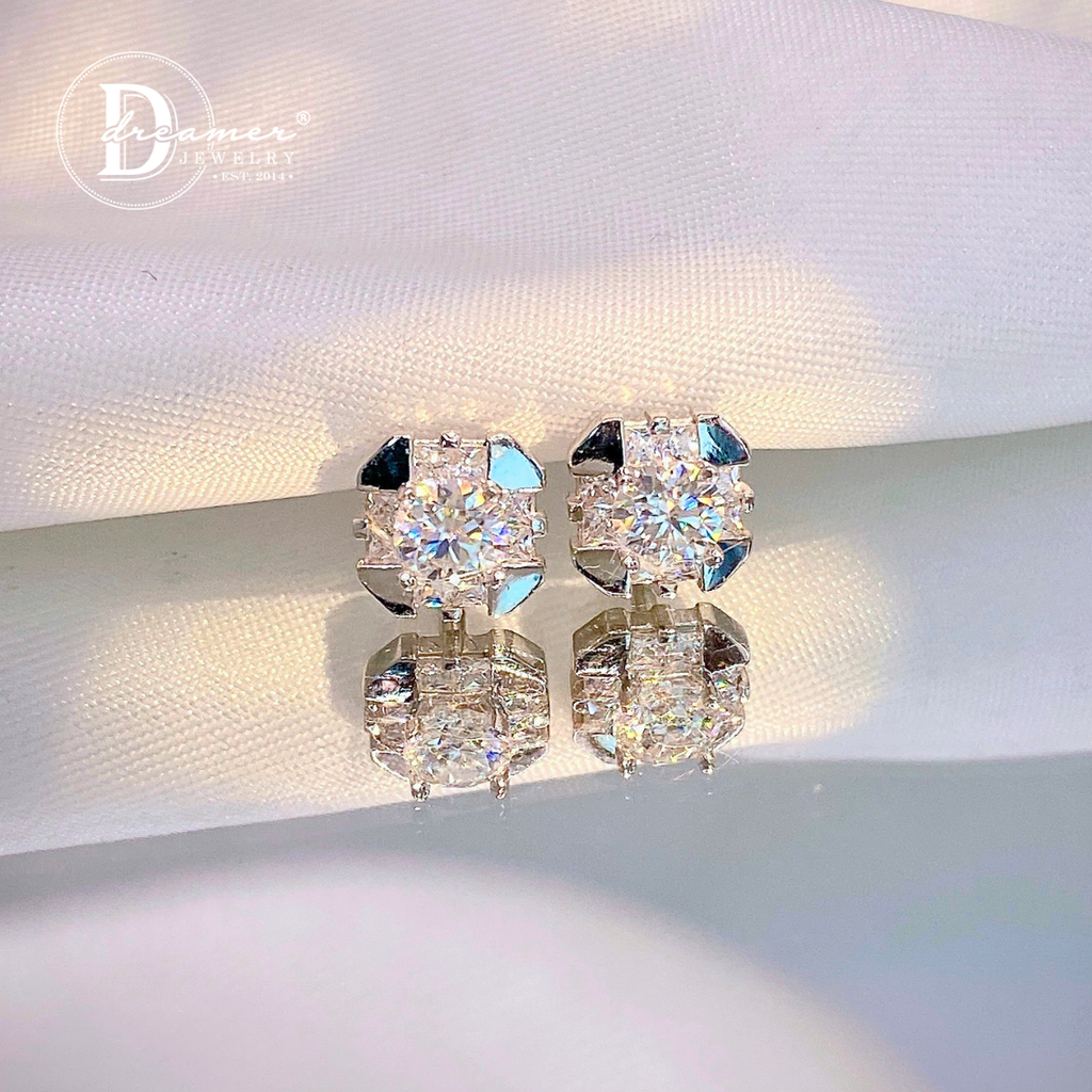 Modern Square Halo Moissanite Stud Earrings – White Gold Plated 925 Silver