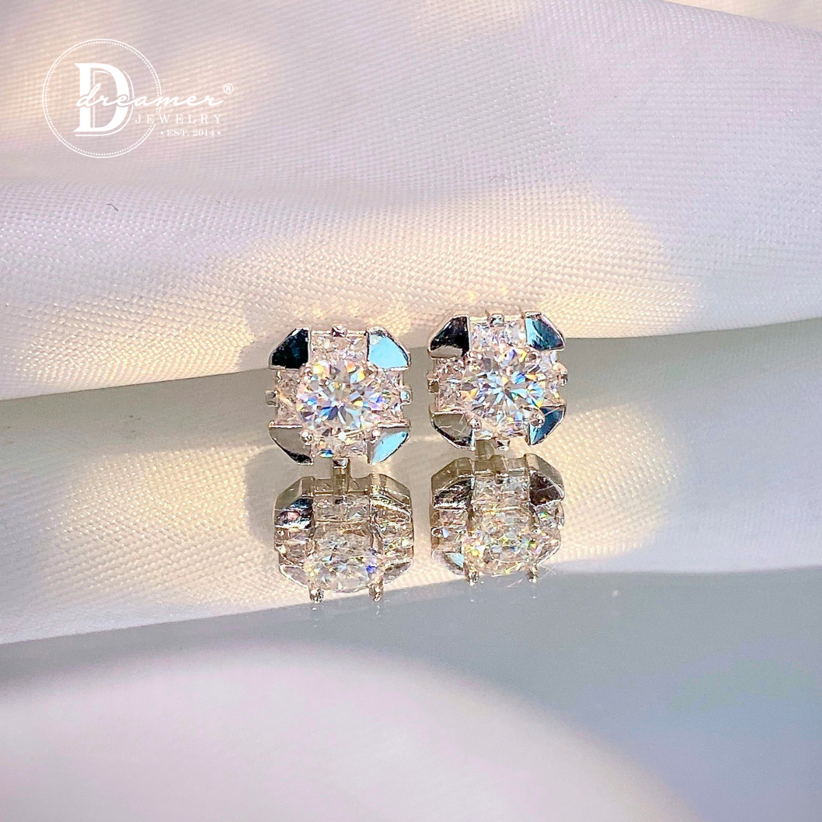 Modern Square Halo Moissanite Stud Earrings – White Gold Plated 925 Silver