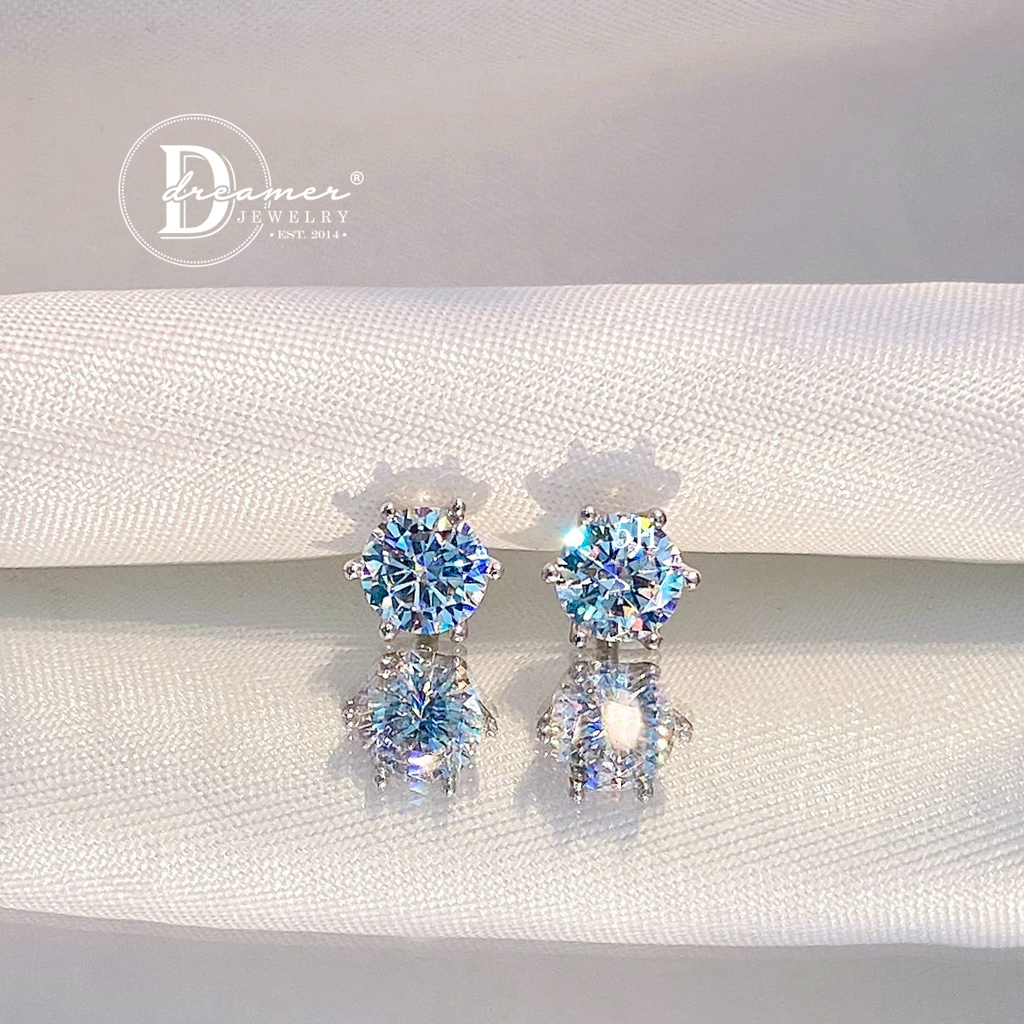 Classic 6-Prong Solitaire Moissanite Earrings – White Gold Plated 925 Silver