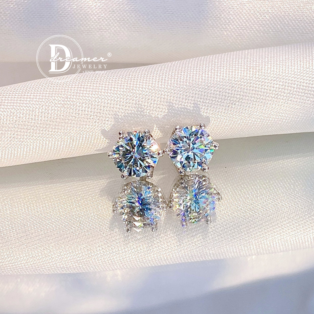 Classic 6-Prong Solitaire Moissanite Earrings – White Gold Plated 925 Silver