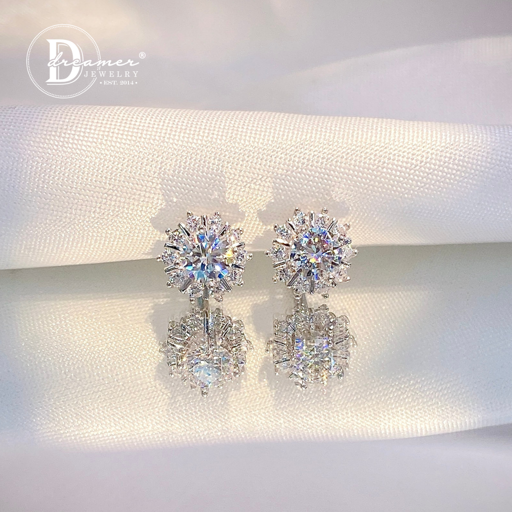 Sunburst Halo Moissanite Stud Earrings – White Gold Plated 925 Silver