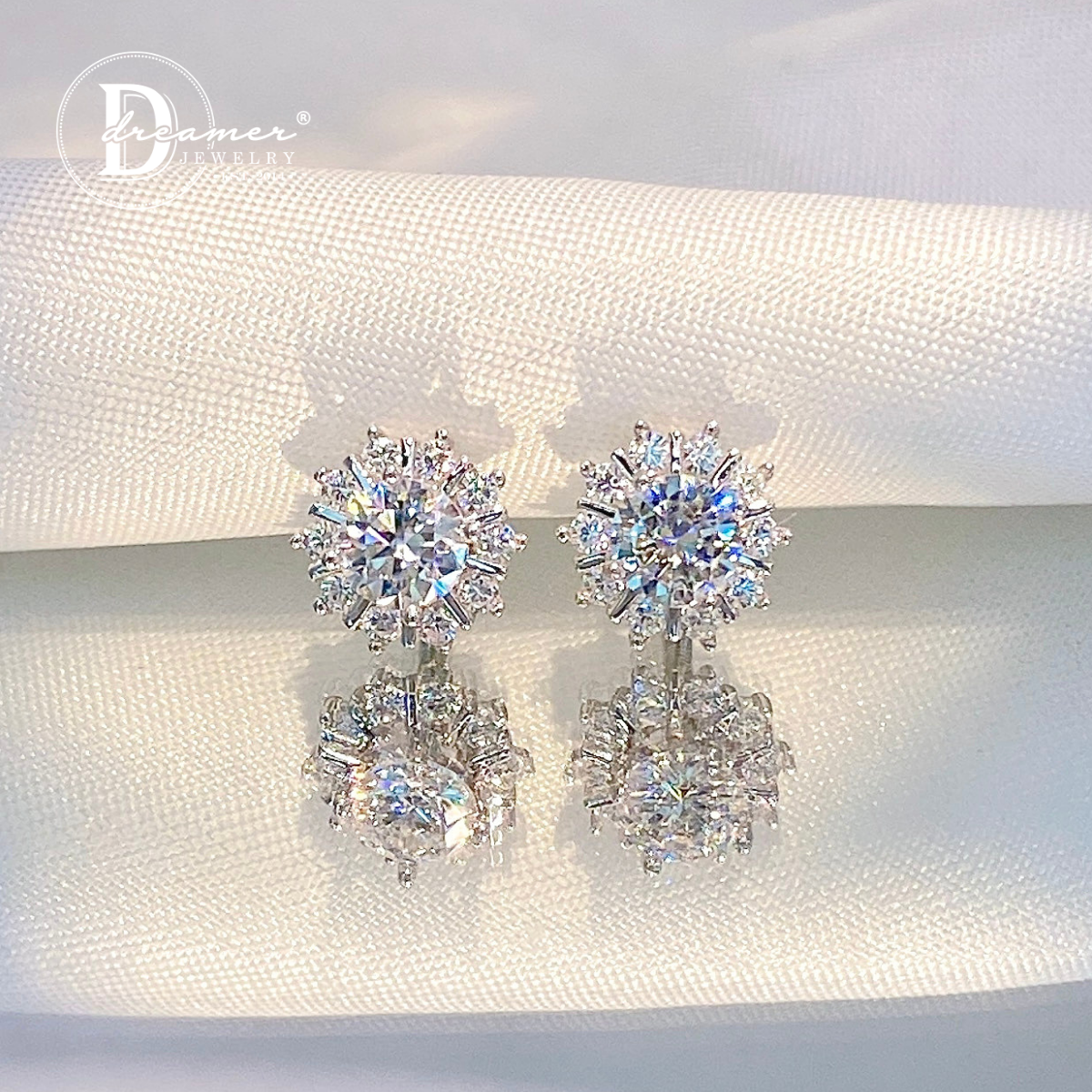 Sunburst Halo Moissanite Stud Earrings – White Gold Plated 925 Silver