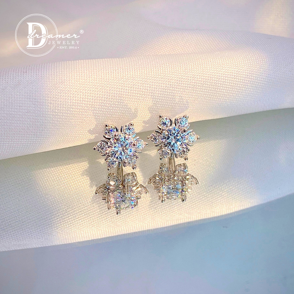 Snowflake Cluster Moissanite Stud Earrings – White Gold Plated 925 Silver