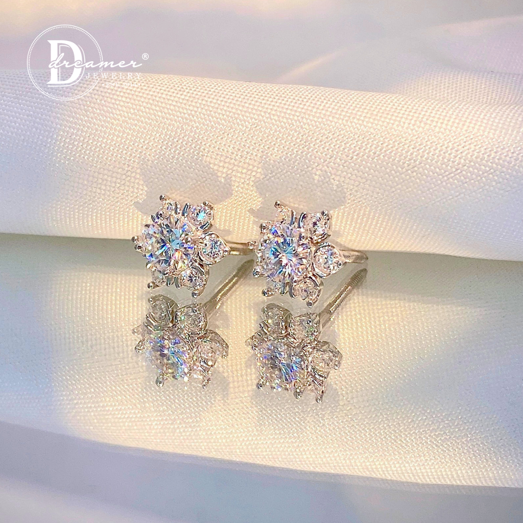 Snowflake Cluster Moissanite Stud Earrings – White Gold Plated 925 Silver