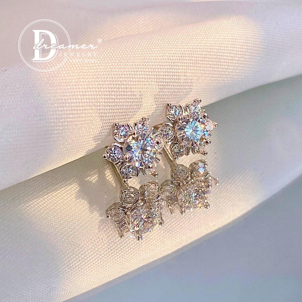 Snowflake Cluster Moissanite Stud Earrings – White Gold Plated 925 Silver