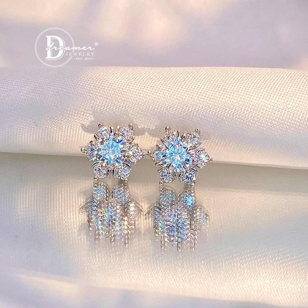 Snowflake Cluster Moissanite Stud Earrings – White Gold Plated 925 Silver