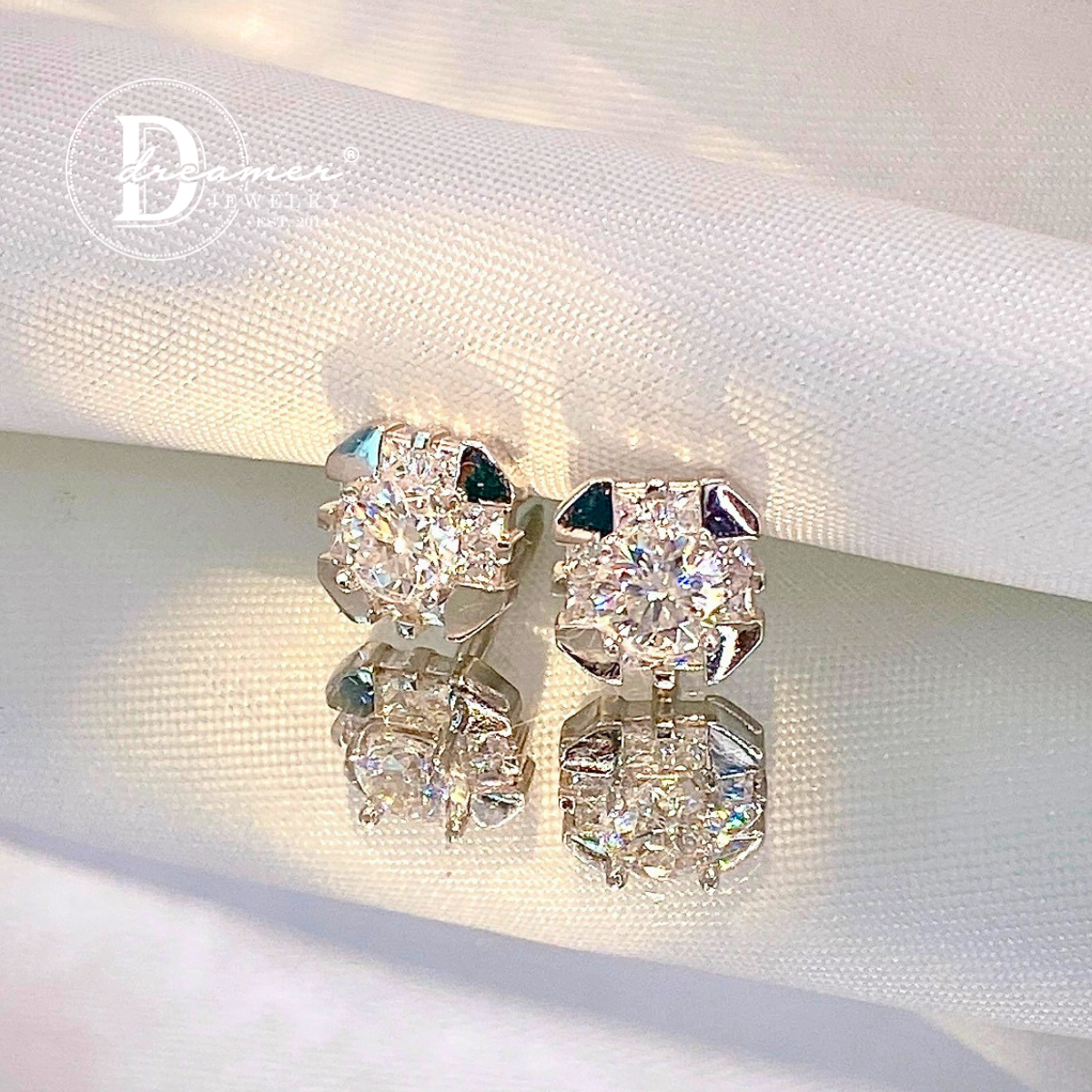 Modern Square Halo Moissanite Stud Earrings – White Gold Plated 925 Silver
