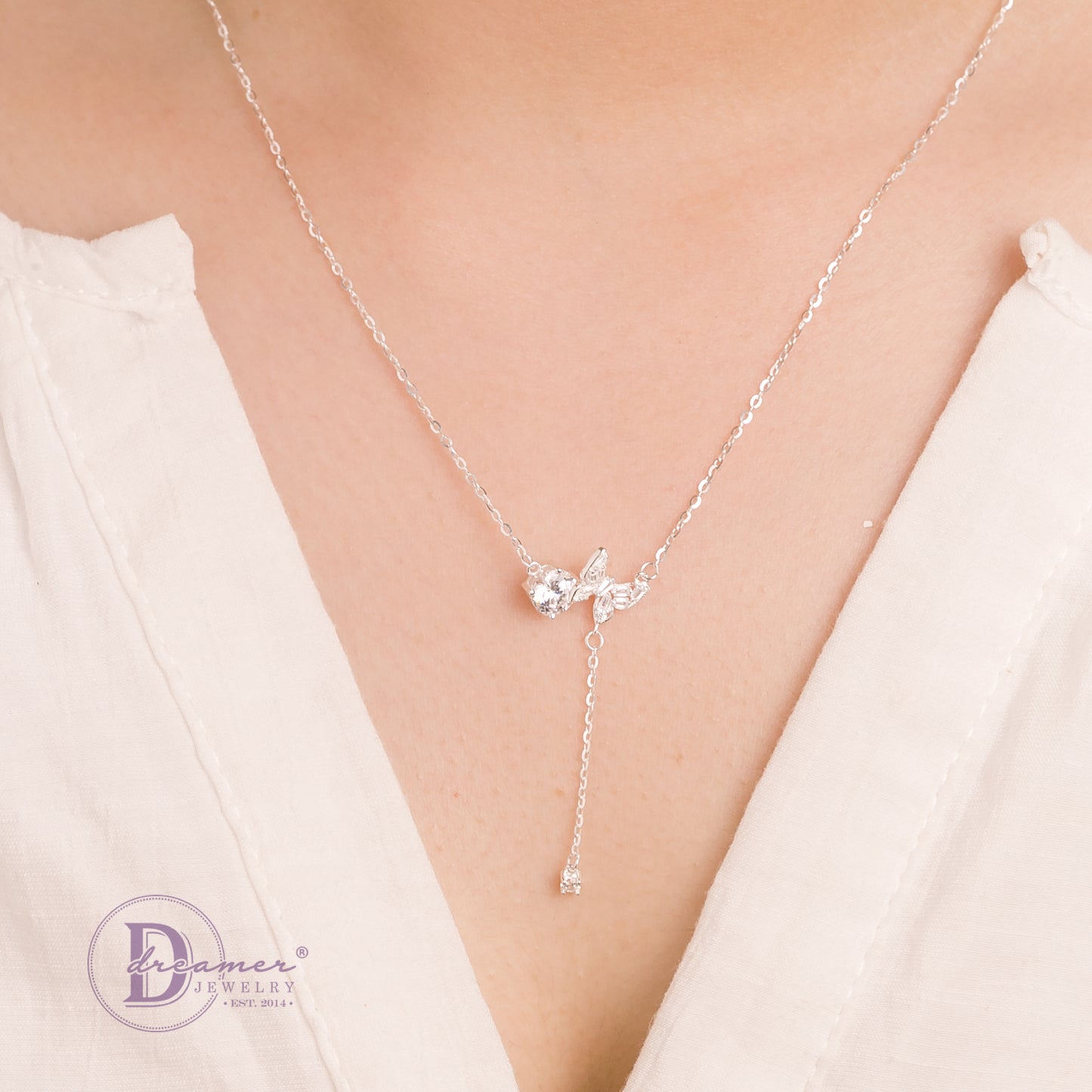 Dây Chuyền Bướm Đá Baguette & 1 Viên Đá CZ 5li Xích Đá Rơi - Lace Butterfly Stone Silver Necklace