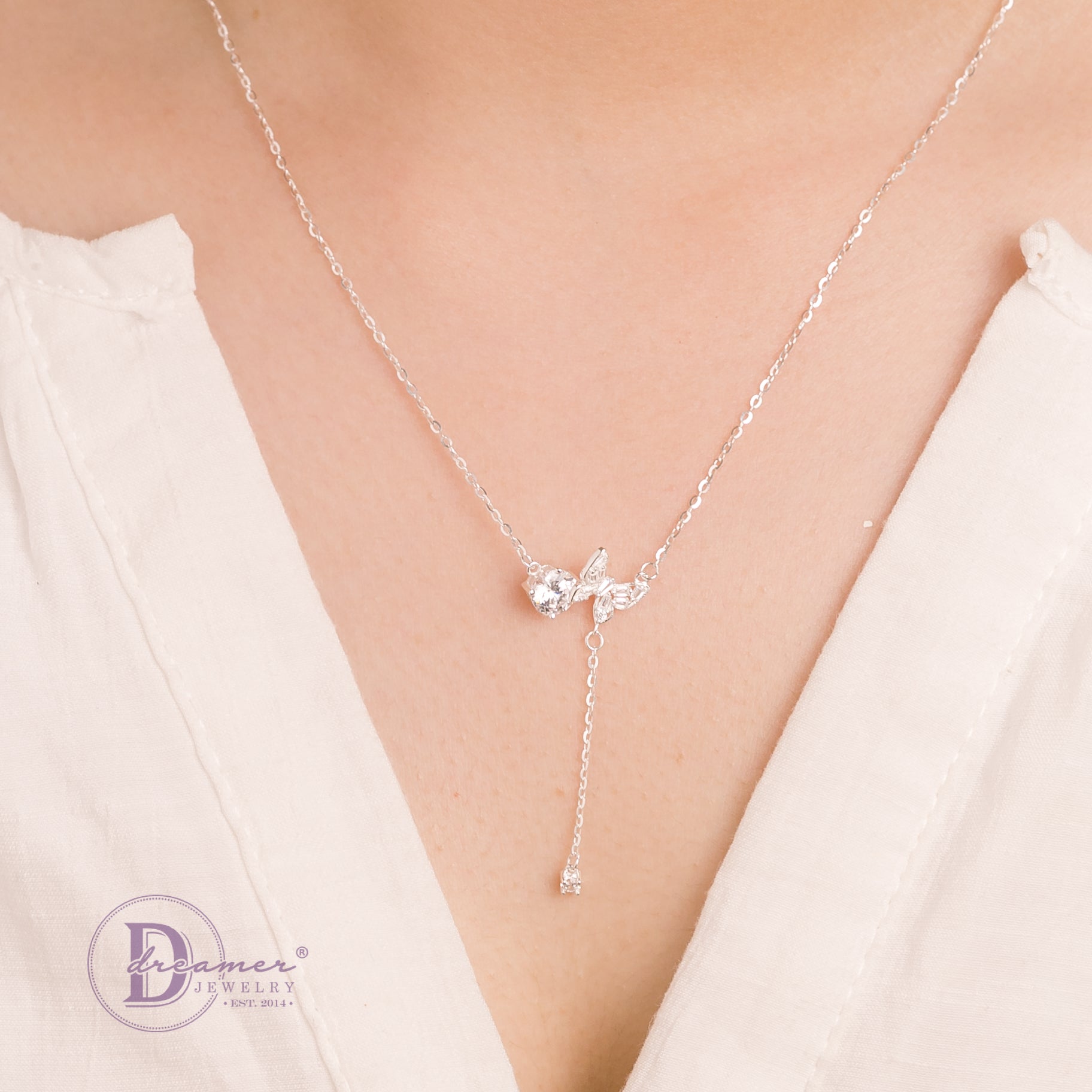Dây Chuyền Bướm Đá Baguette & 1 Viên Đá CZ 5li Xích Đá Rơi - Lace Butterfly Stone Silver Necklace
