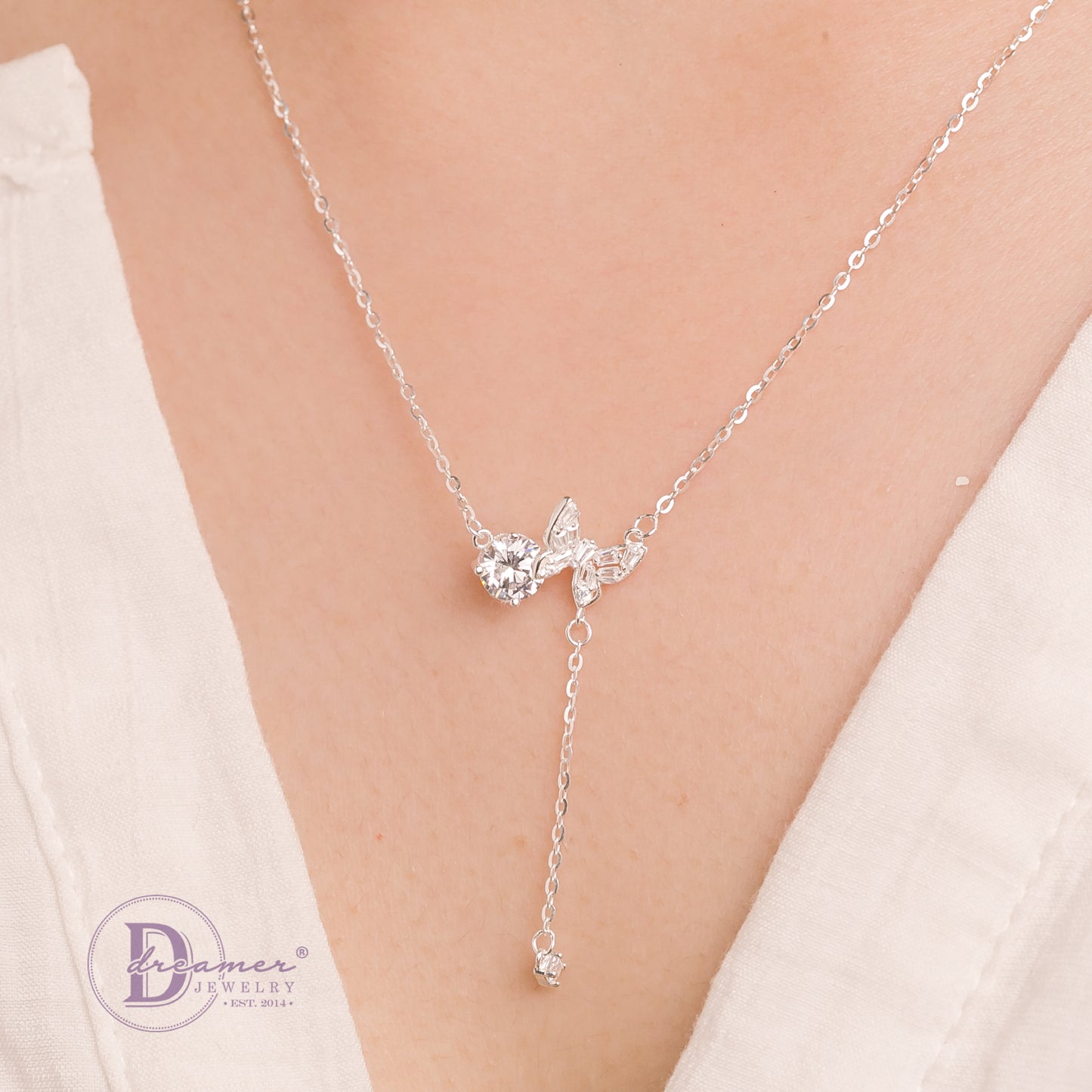 Dây Chuyền Bướm Đá Baguette & 1 Viên Đá CZ 5li Xích Đá Rơi - Lace Butterfly Stone Silver Necklace