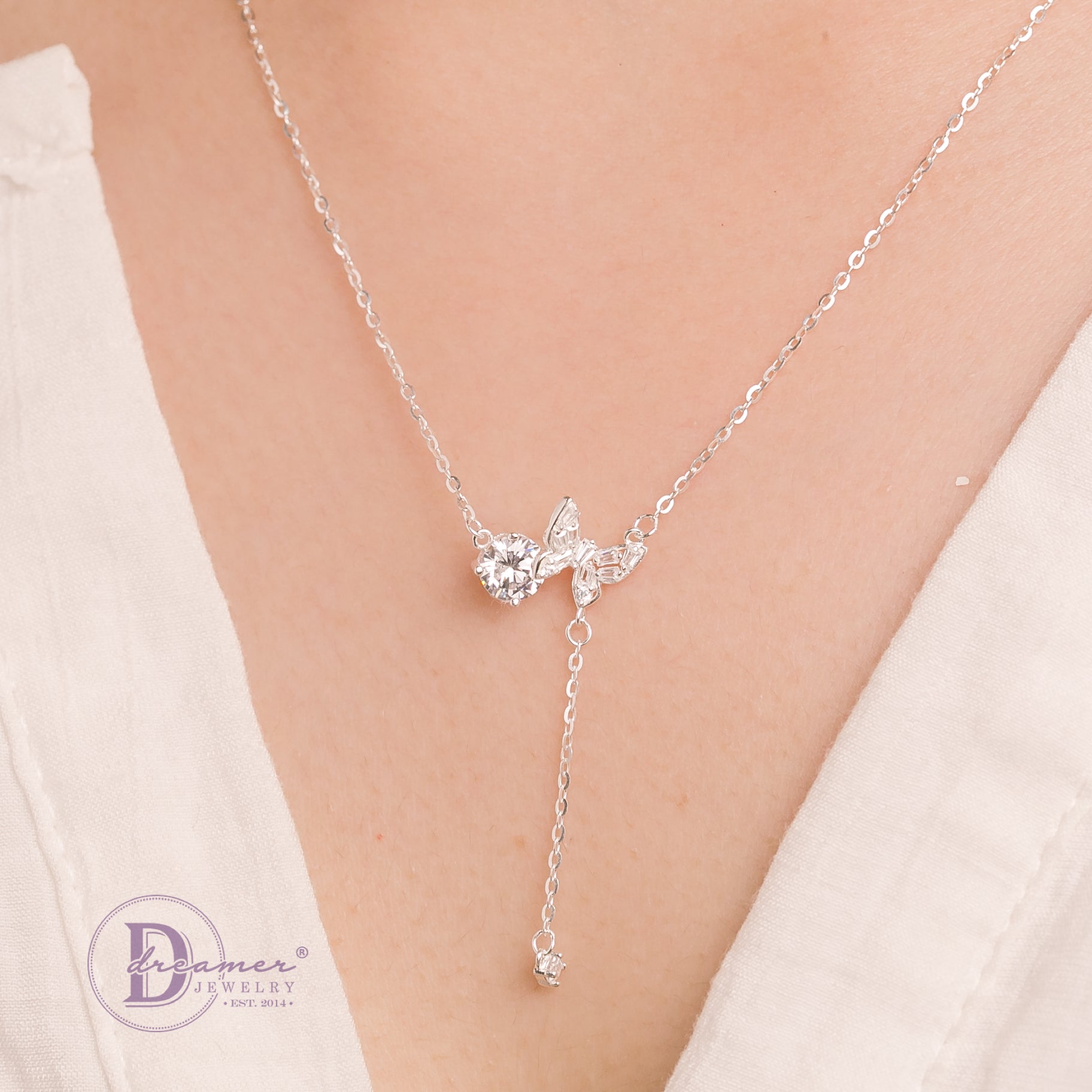Dây Chuyền Bướm Đá Baguette & 1 Viên Đá CZ 5li Xích Đá Rơi - Lace Butterfly Stone Silver Necklace
