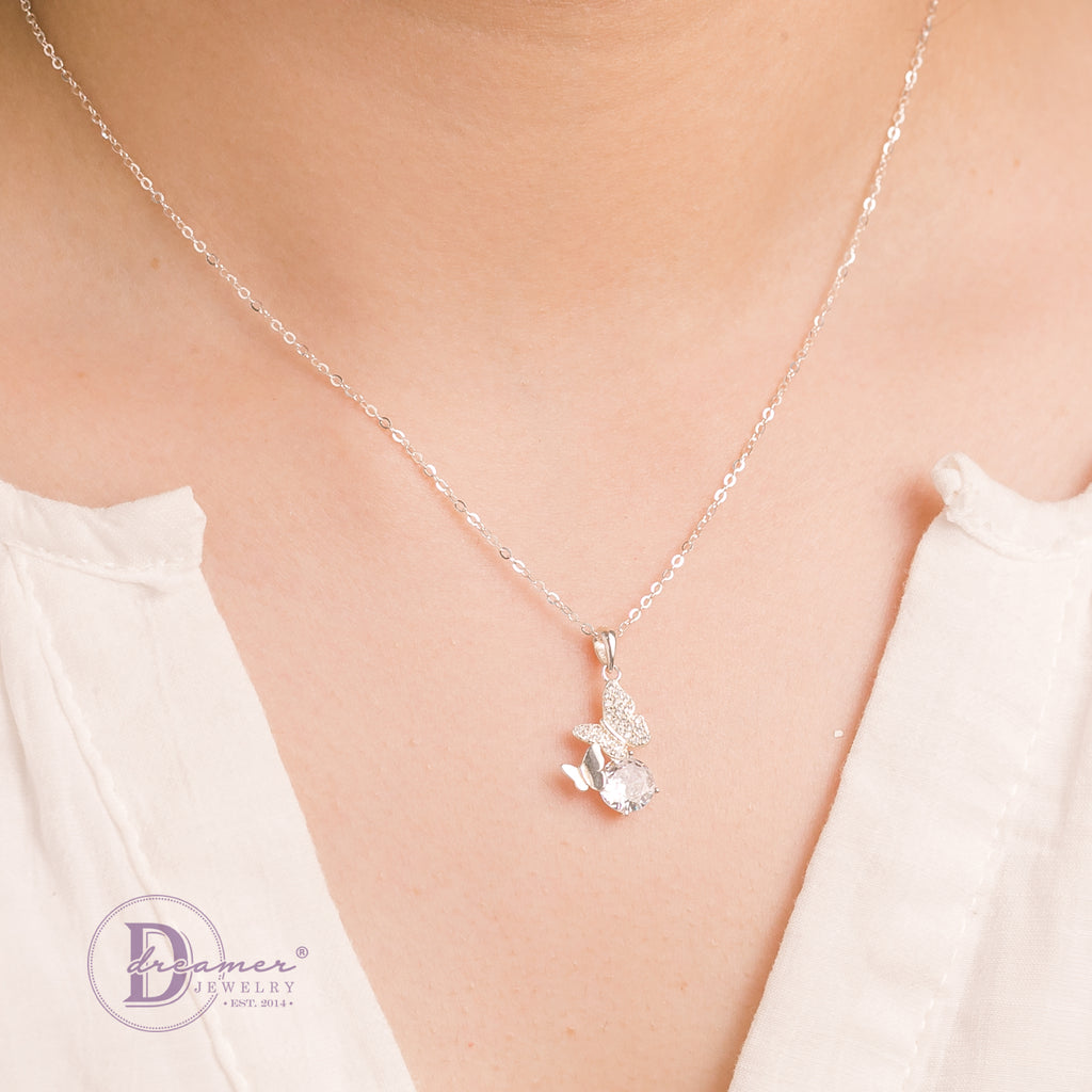 Dây Chuyền Bạc 925 Mặt Bướm Đính Đá & Viên Đá Solitaire Lấp Lánh (Fairy Butterfly)