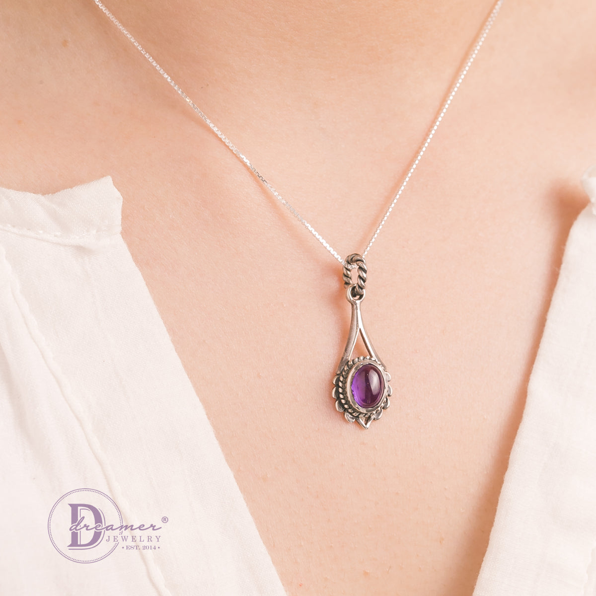 Dây Chuyền Bạc 925 Mặt Đá Thạch Anh Tím Amethyst Cabochon Giọt Nước Vintage (Limited Edition)