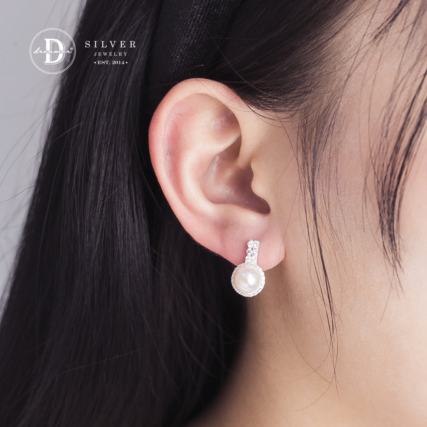 Bông Tai Khoen Gài Premium Ngọc Trai Nuôi 8li Kiểu Halo Khoen 2 Line Đá - Silver Earrings