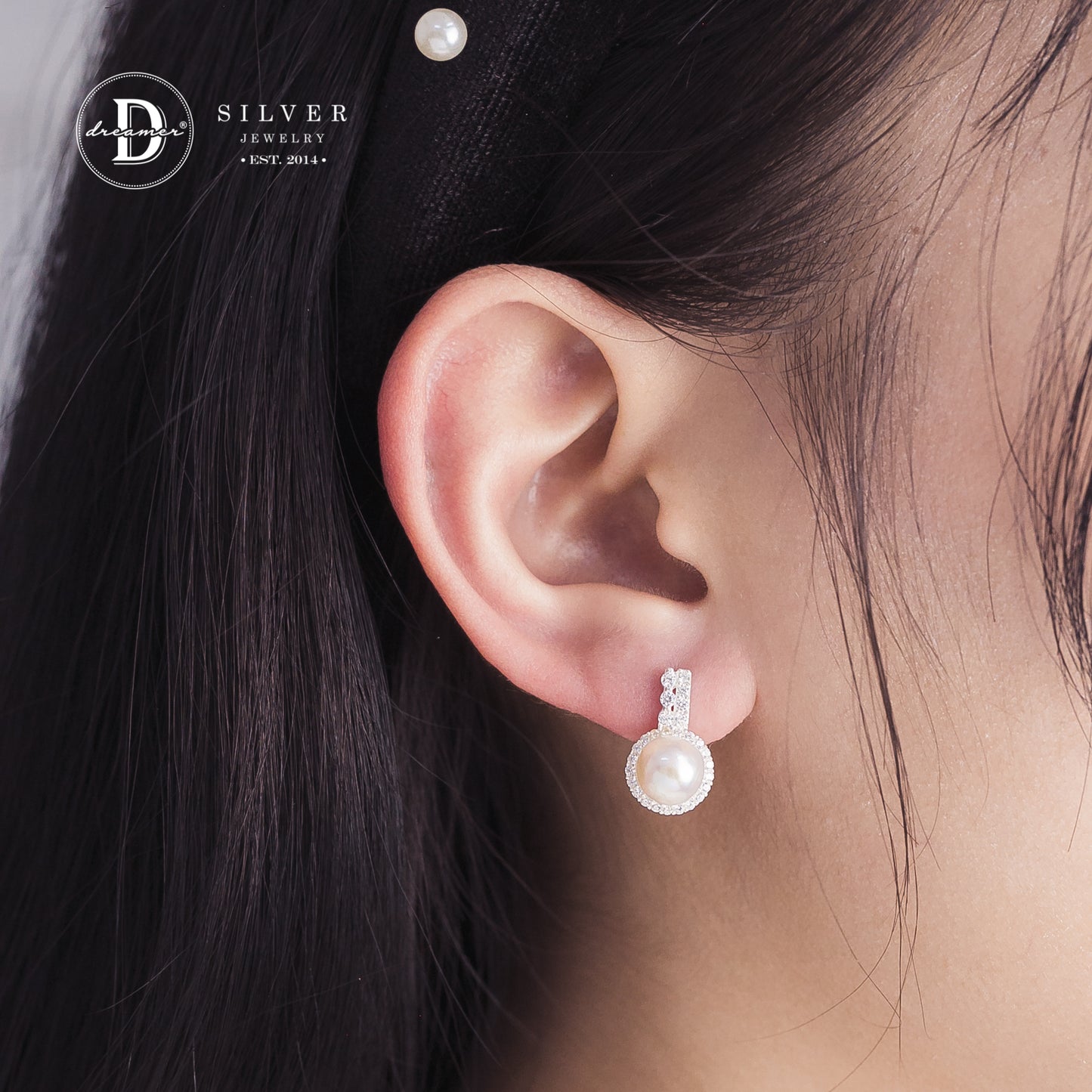 Bông Tai Khoen Gài Premium Ngọc Trai Nuôi 8li Kiểu Halo Khoen 2 Line Đá - Silver Earrings