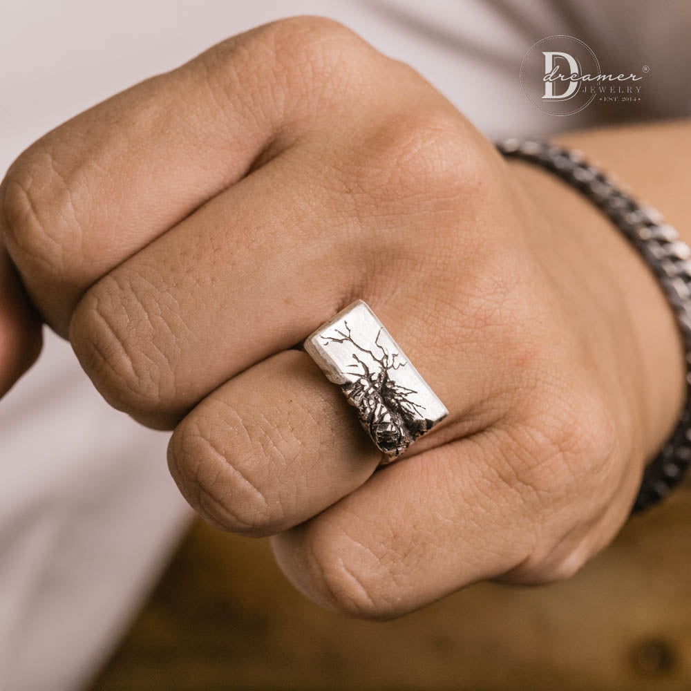 Handcrafted 925 Sterling Silver Tree Bark Fissure Men's Signet Ring (1-of-1 Wax Carved)