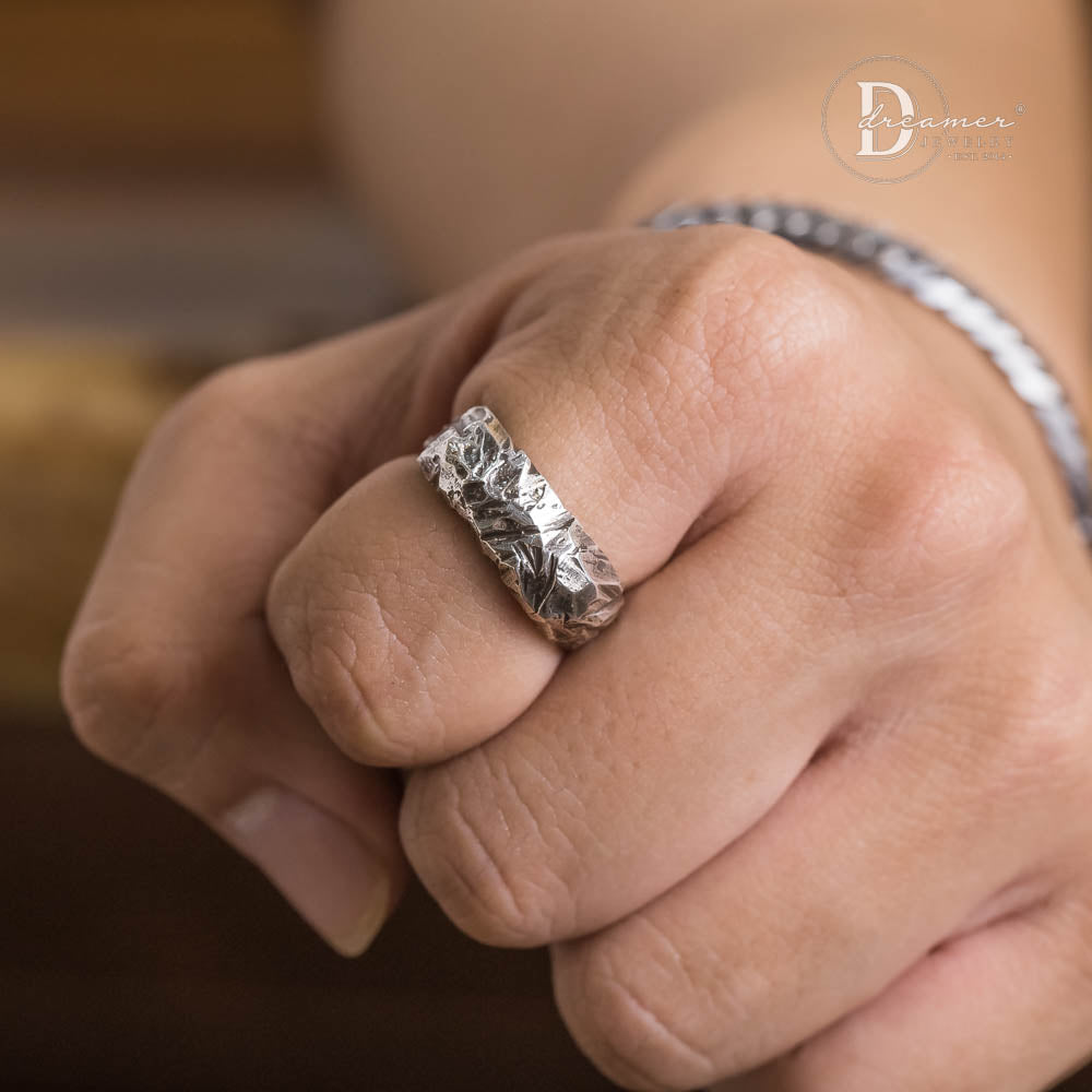 Handcrafted 925 Sterling Silver Raw Rock Texture Men's Band Ring (1-of-1 Wax Carved)