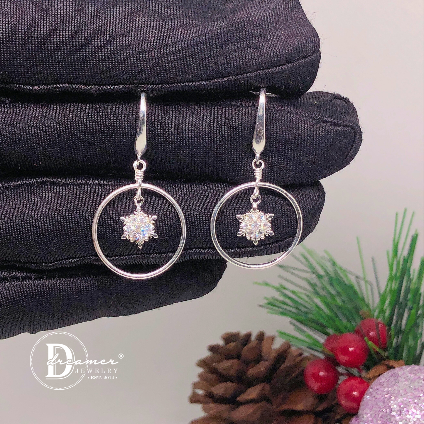 Bông Tai Hoa Tuyết Tòn Ten Khoen Tròn Bạc 925 - Snowflake Silver Earrings - 698BTH