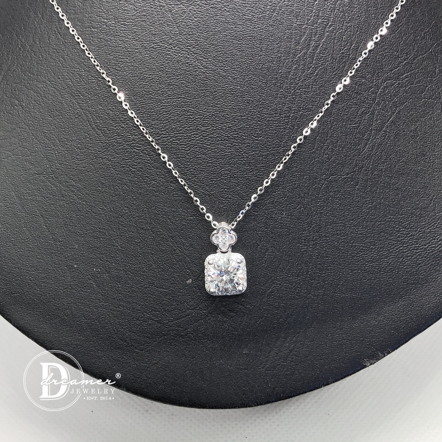 Dây Chuyền Vuông Đá Tròn 7.5li & Khoen Cỏ 4 Lá - Square Flower Silver Necklace