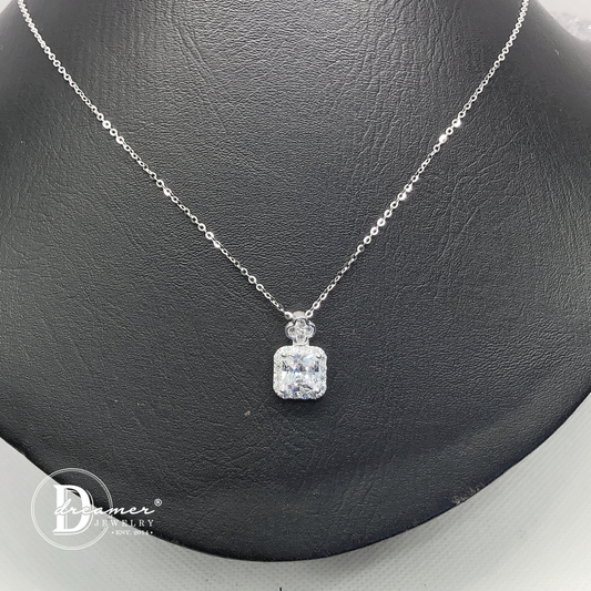 Dây Chuyền Vuông Đá Tròn 7.5li & Khoen Cỏ 4 Lá - Square Flower Silver Necklace