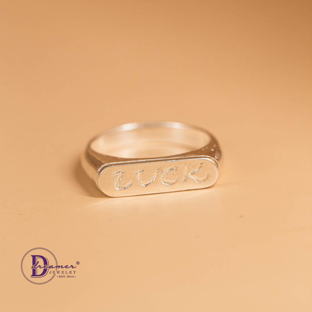 Nhẫn Signet Bạc 925 Khắc Chữ LUCK Thủ Công