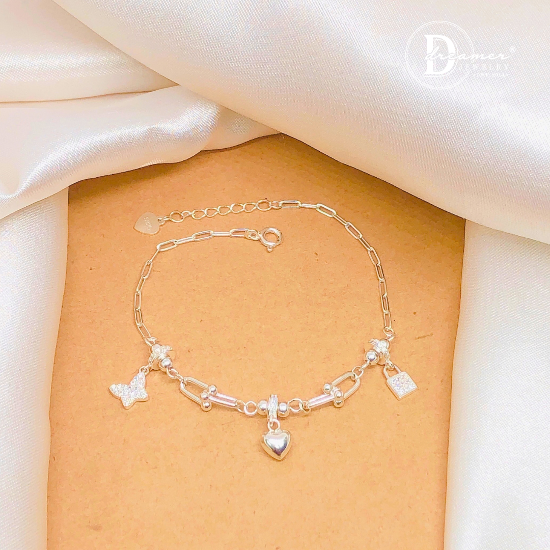 Lắc Tay Bạc 925 Multi-Charm Khóa Love, Bướm & Trái Tim Đính Đá (Limited Edition)