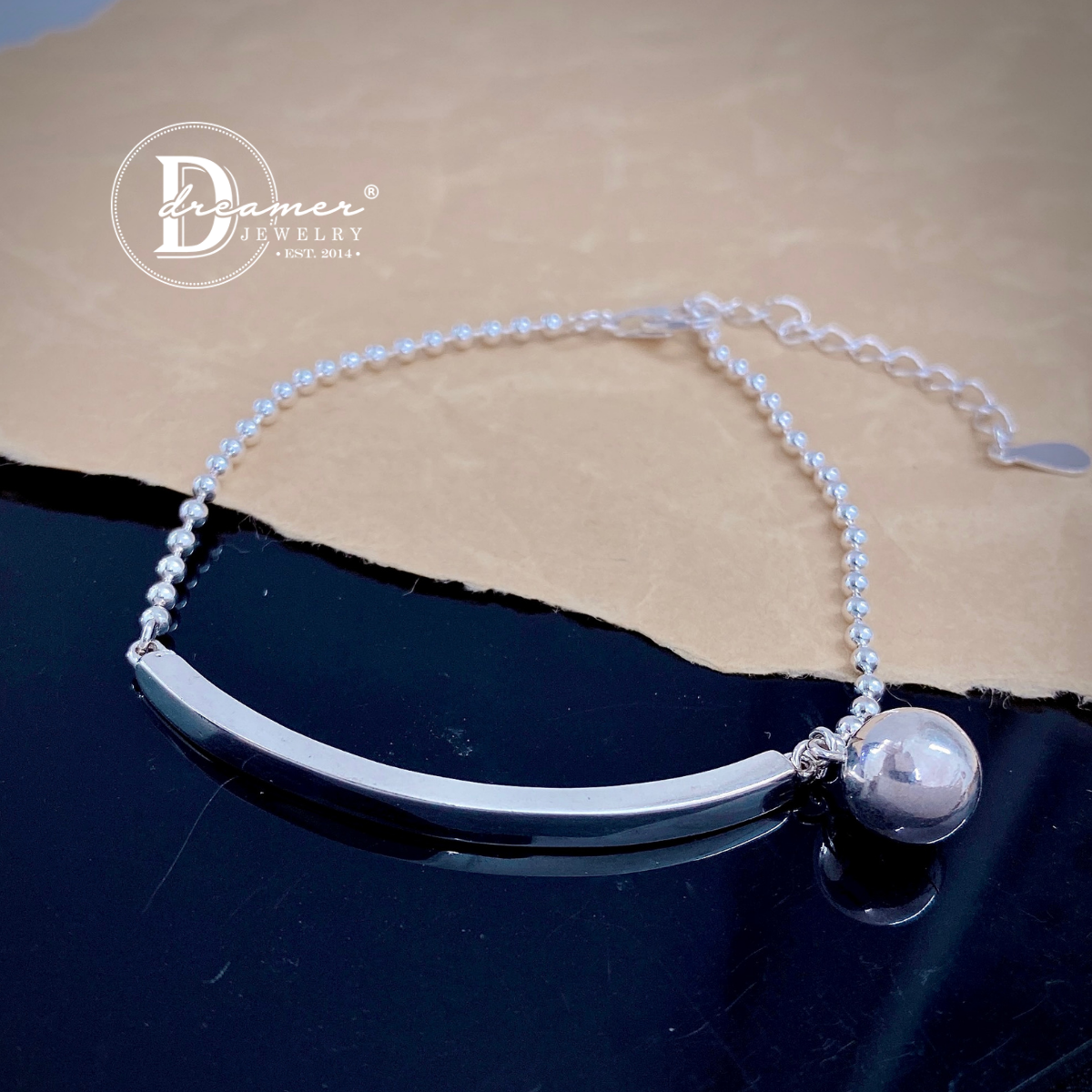 Curved Bar Silver Bracelet with Bell Charm – Custom Engraved
