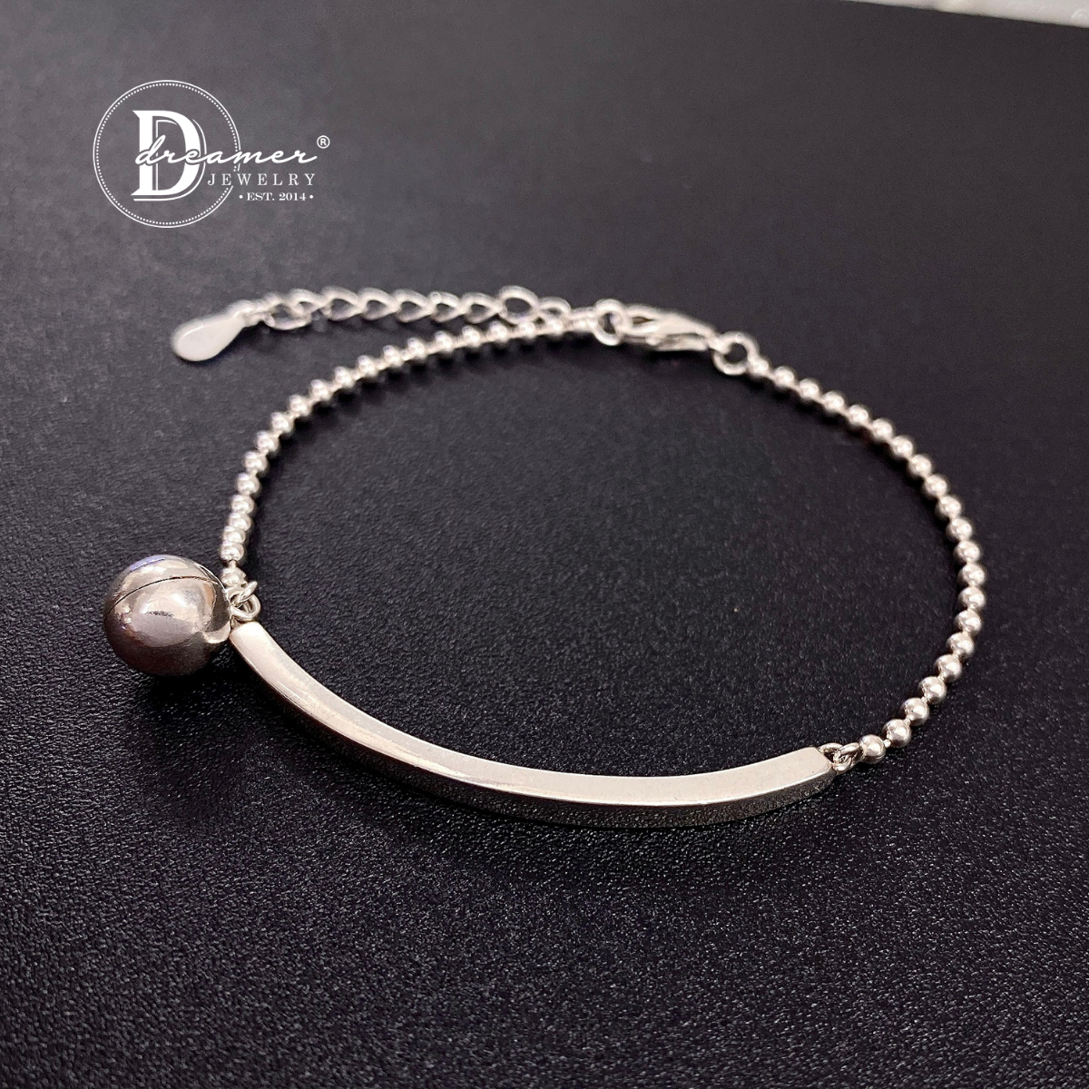 Curved Bar Silver Bracelet with Bell Charm – Custom Engraved