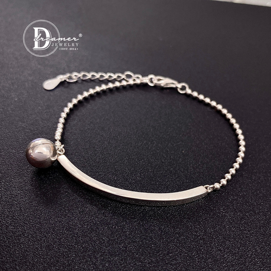 Curved Bar Silver Bracelet with Bell Charm – Custom Engraved