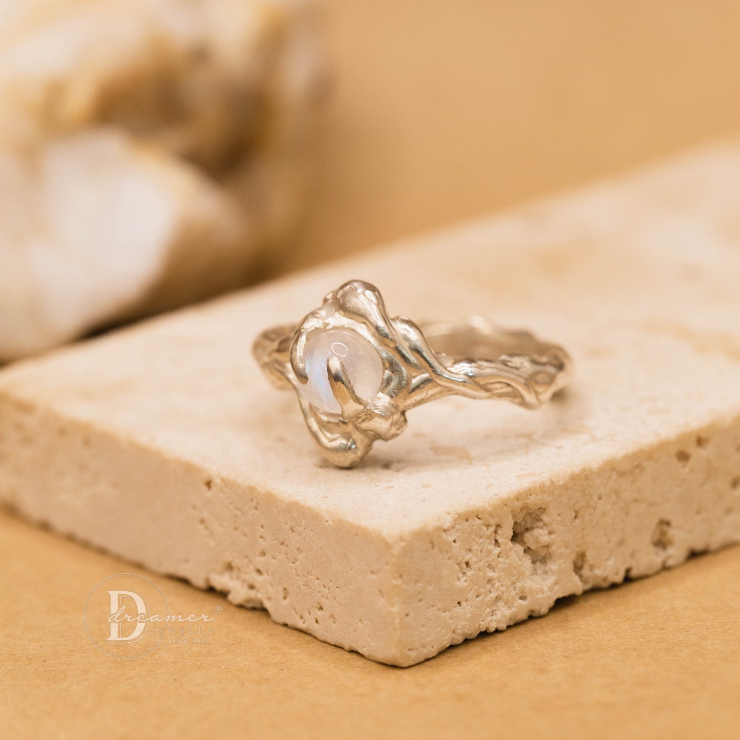 Unique Lost-Wax Melting Moonstone Silver Ring - Only 1 Piece - Organic Design