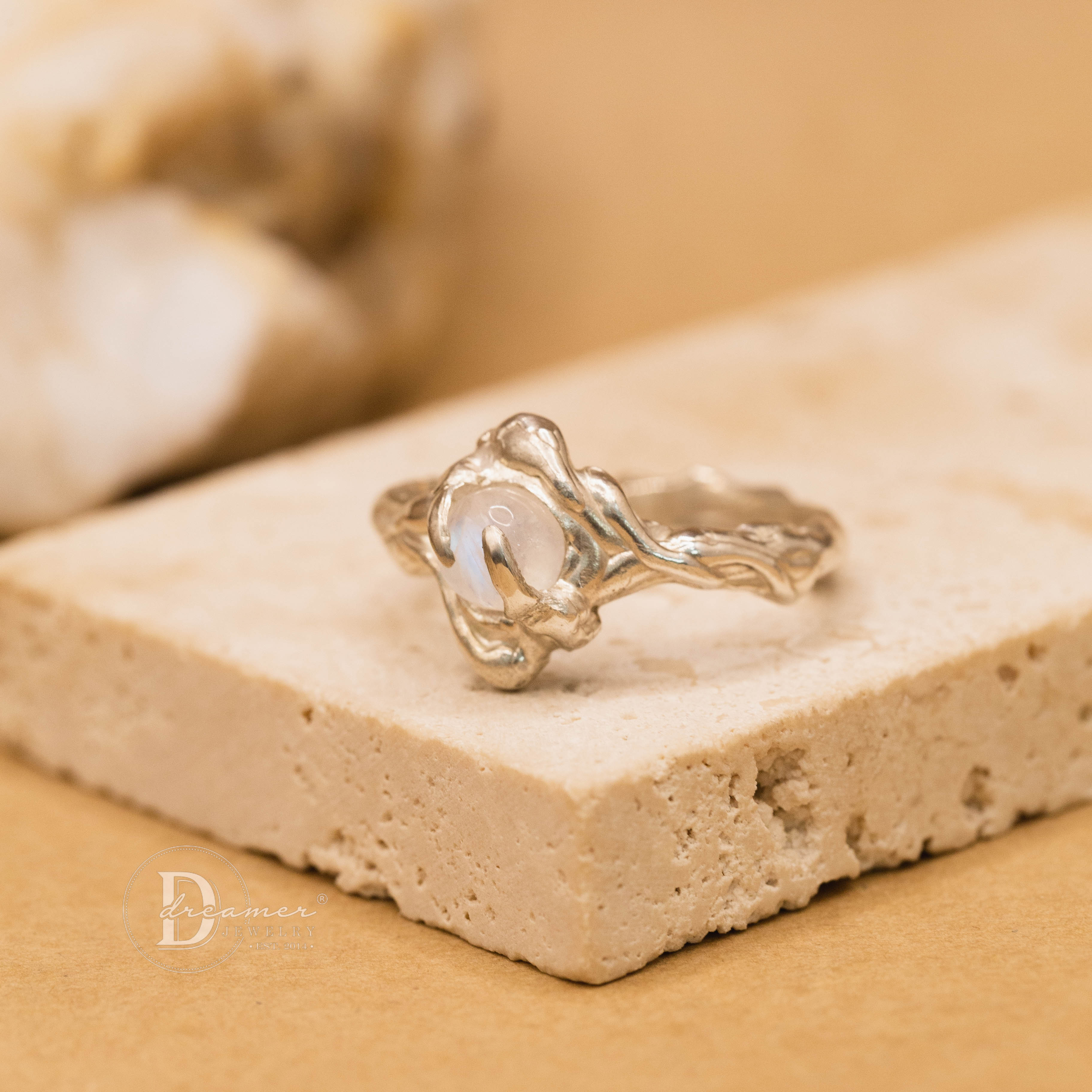 Unique Lost-Wax Melting Moonstone Silver Ring - Only 1 Piece - Organic Design