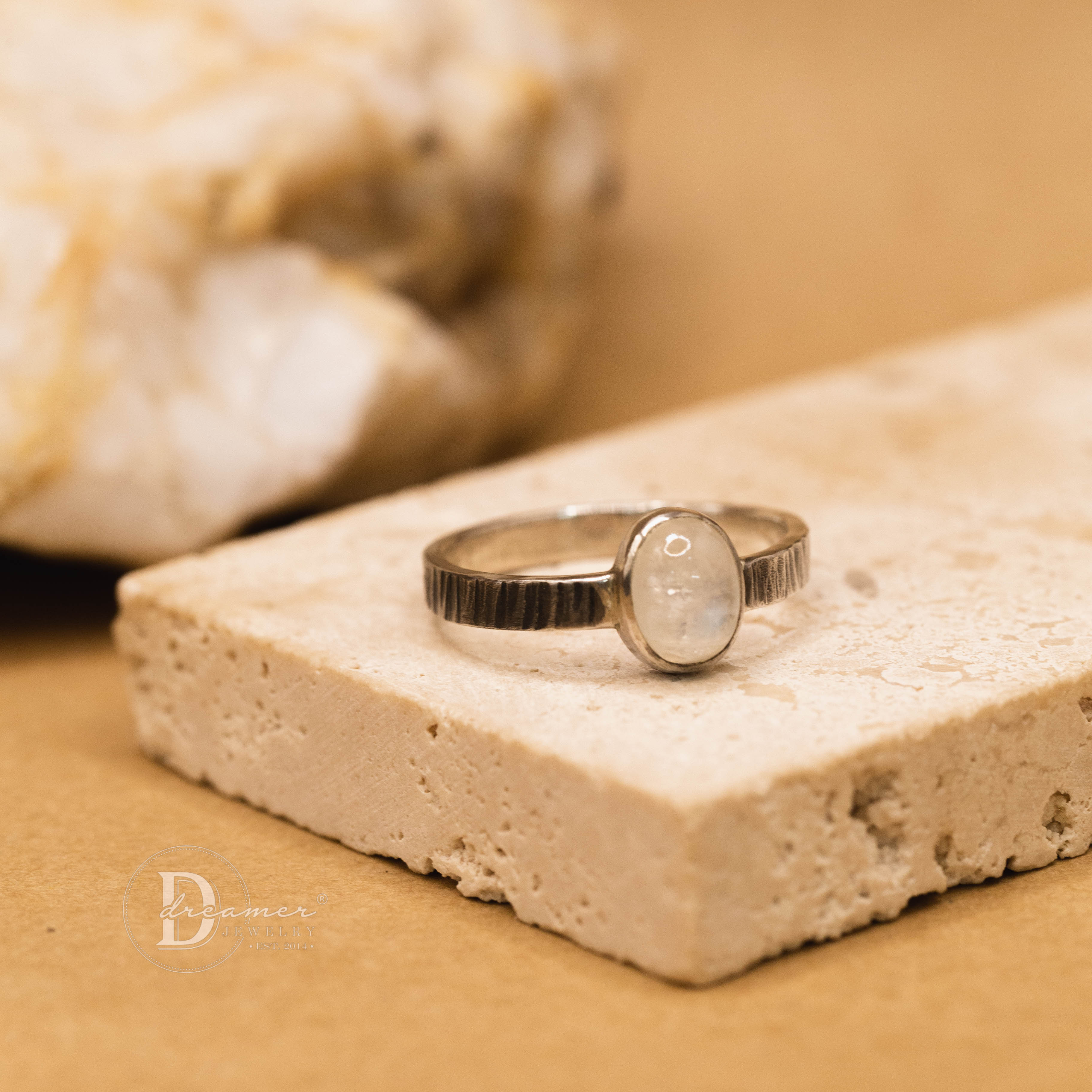 Oxidized Darken Moonstone Silver Ring – Minimalist 2mm Textured Band