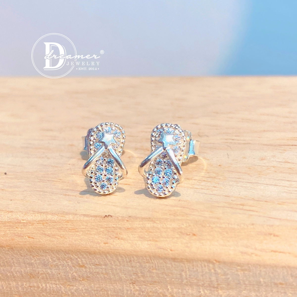 Sparkly CZ Flip-Flop Silver Stud Earrings – Star Detail