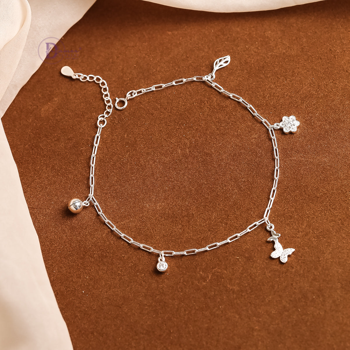 Lắc Chân Kiểu Dây Xích Charm Bướm, Hoa, Chuông, Đá Bạc 925 - Charms Silver Anklet For Summer DLC005