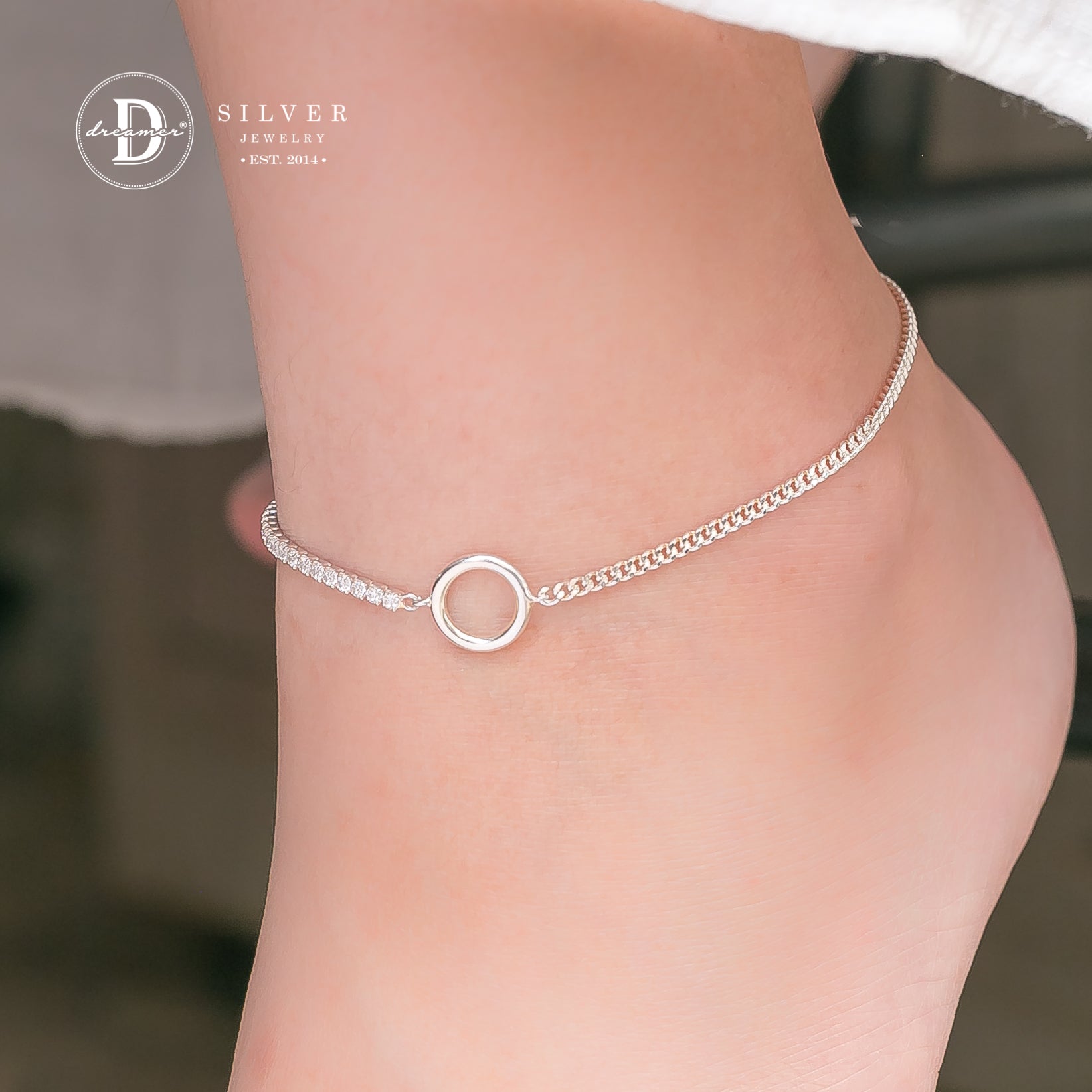 Lắc chân Premium 1 Hàng Đá Tennis Xích Dày Khoen Tròn - Silver 925 Anklet - 552LCH