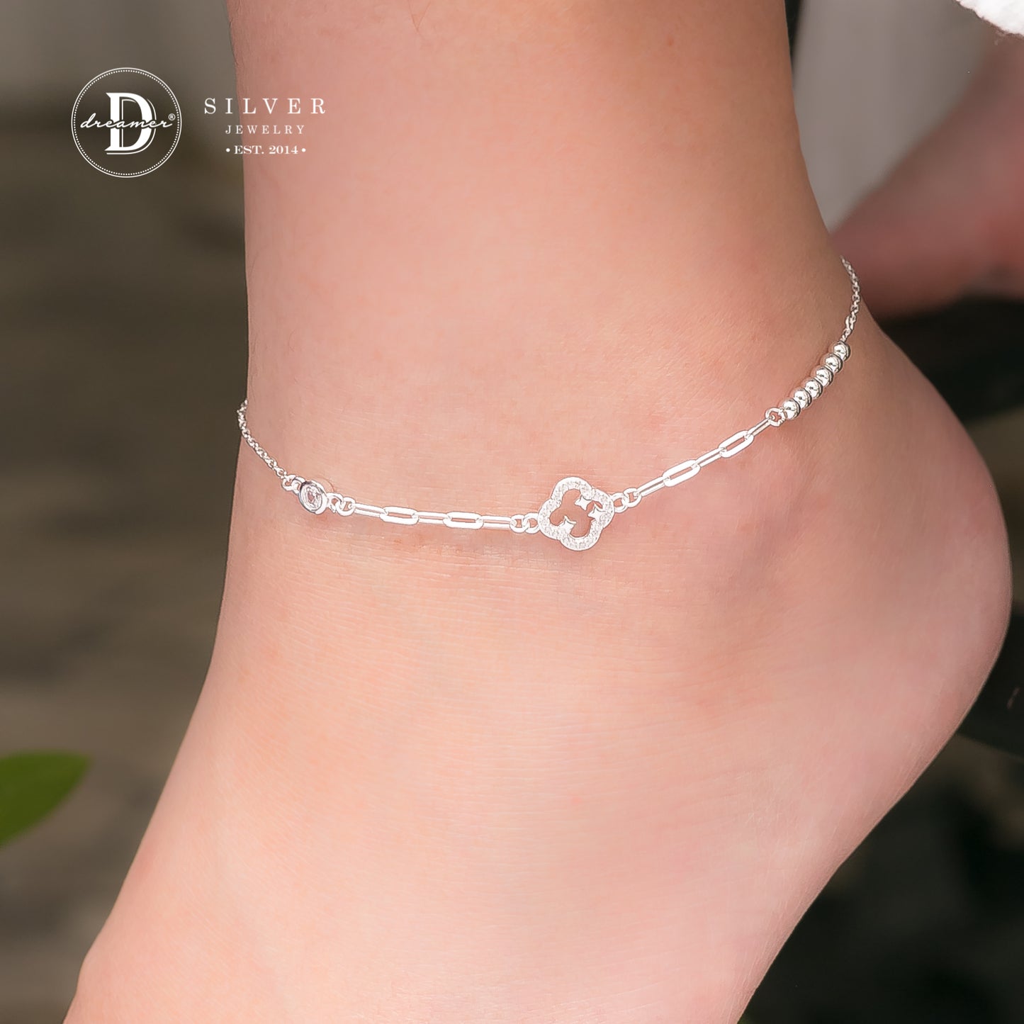 Lắc Chân Cỏ 4 Lá 3 Tia Chớp Xích Bi 1 Viên Đá - Flash Lucky Flower Silver Anklet