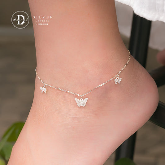 Lắc chân Bướm và Nơ Đính Đá - Butterfly Bow Silver Ankle