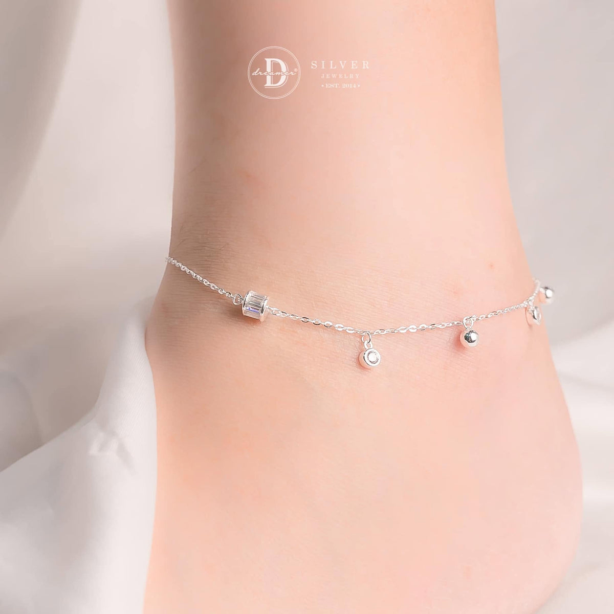 Lắc Chân Bạc 925 Charm Ống Đá CZ & Bi Tròn Sang Trọng