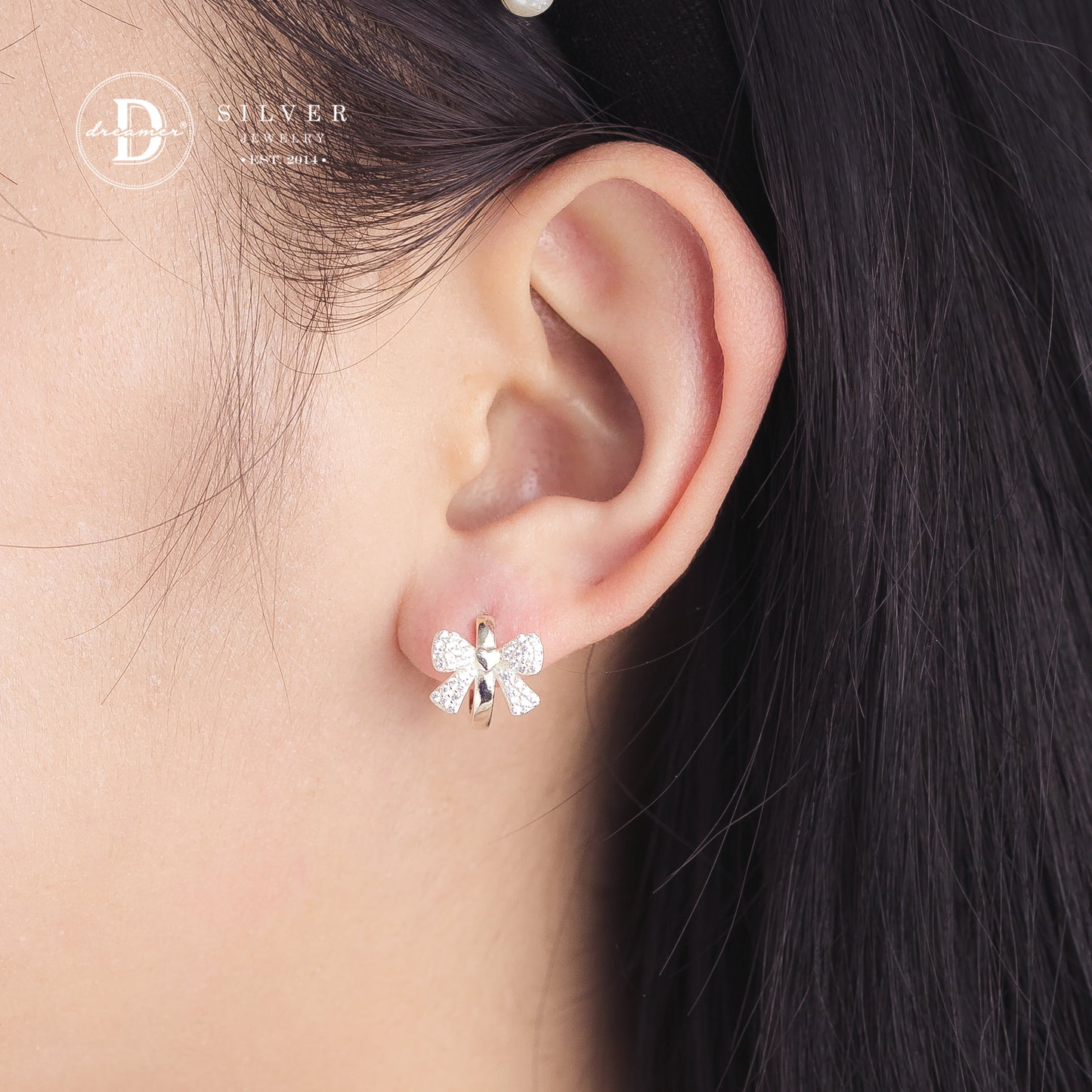 Bông Tai Khoen Premium - Nơ Bow Đính Đá 12mm - Silver Hoops Earrings