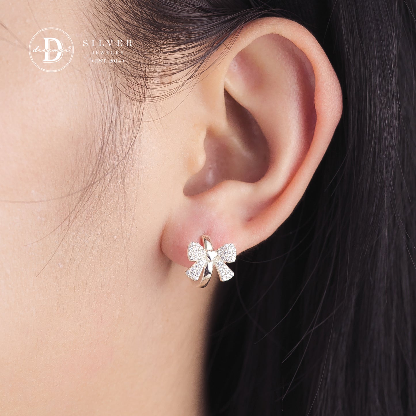 Bông Tai Khoen Premium - Nơ Bow Đính Đá 12mm - Silver Hoops Earrings