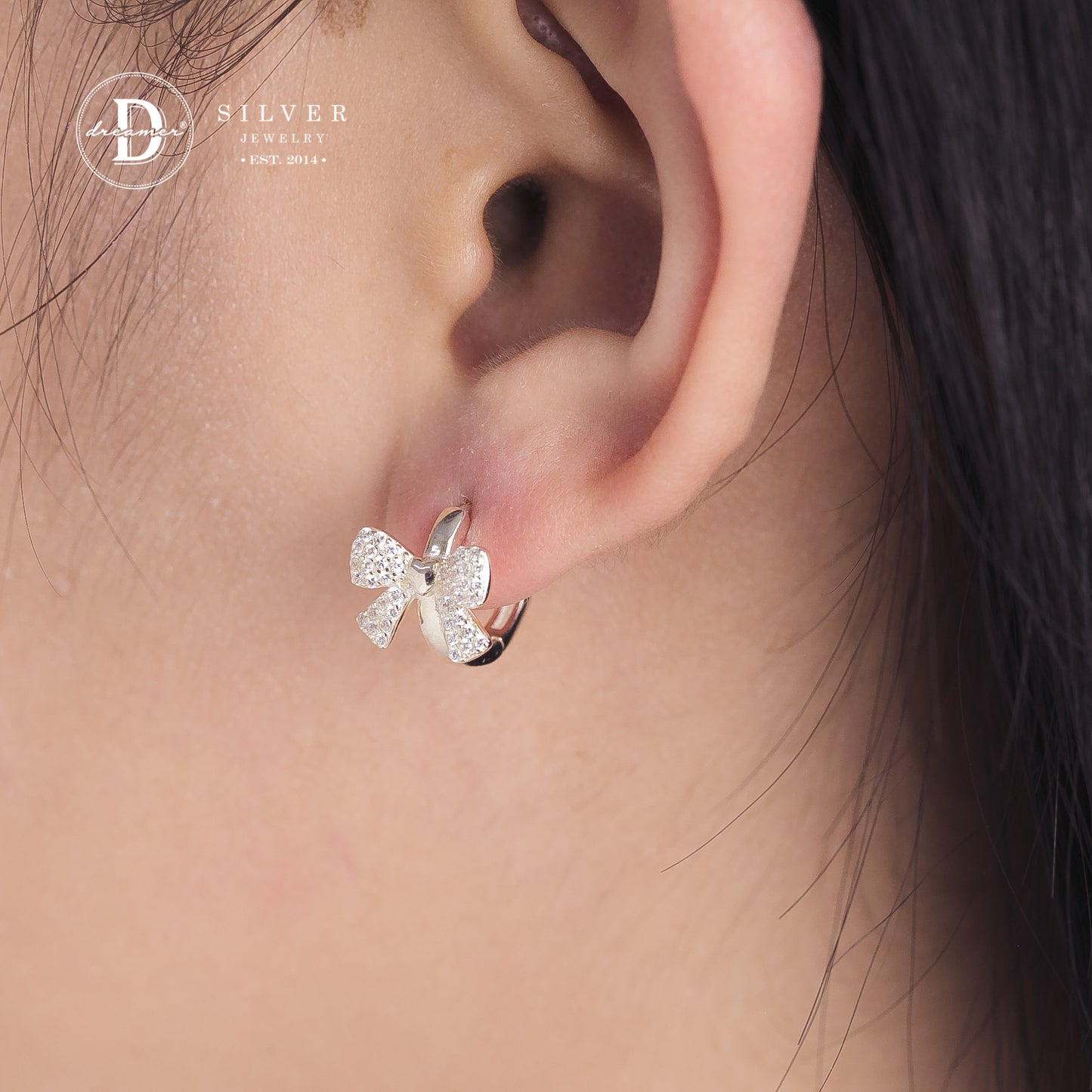 Bông Tai Khoen Premium - Nơ Bow Đính Đá 12mm - Silver Hoops Earrings