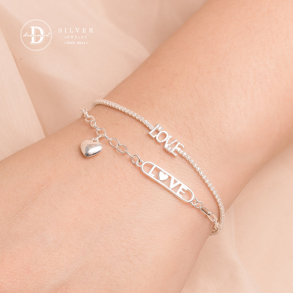 Lắc Tay Bạc 925 Thanh LOVE & Charm Trái Tim Phồng (Asymmetric LOVE Bar)