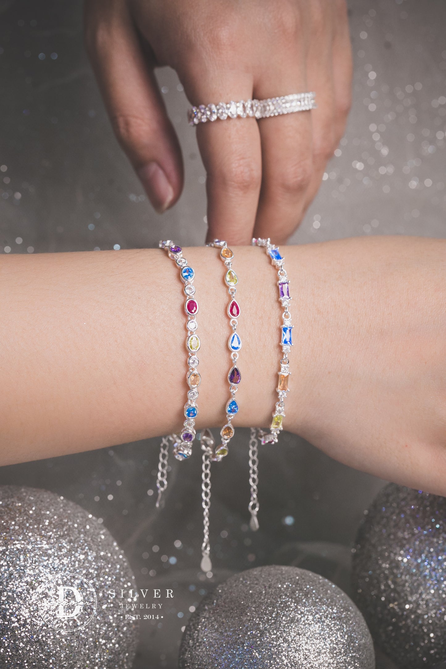 Lắc Tay Premium Dãy Đá Đủ Màu Rainbow Stone - Colorful Stones Silver Bracelet