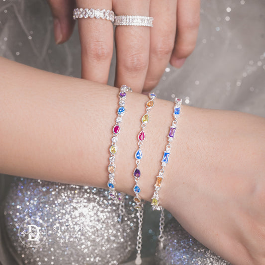 Lắc Tay Premium Dãy Đá Đủ Màu Rainbow Stone - Colorful Stones Silver Bracelet