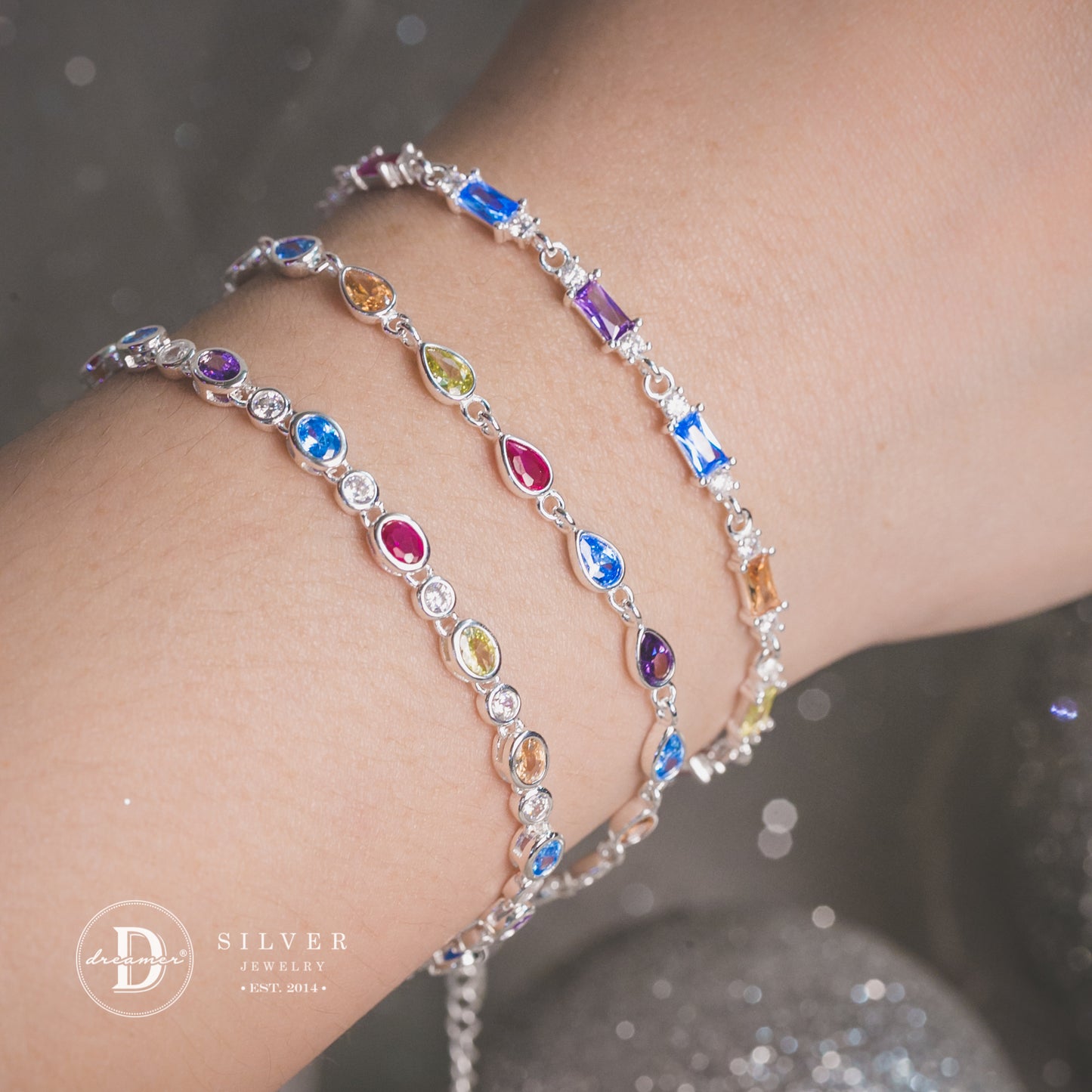 Lắc Tay Premium Dãy Đá Đủ Màu Rainbow Stone - Colorful Stones Silver Bracelet