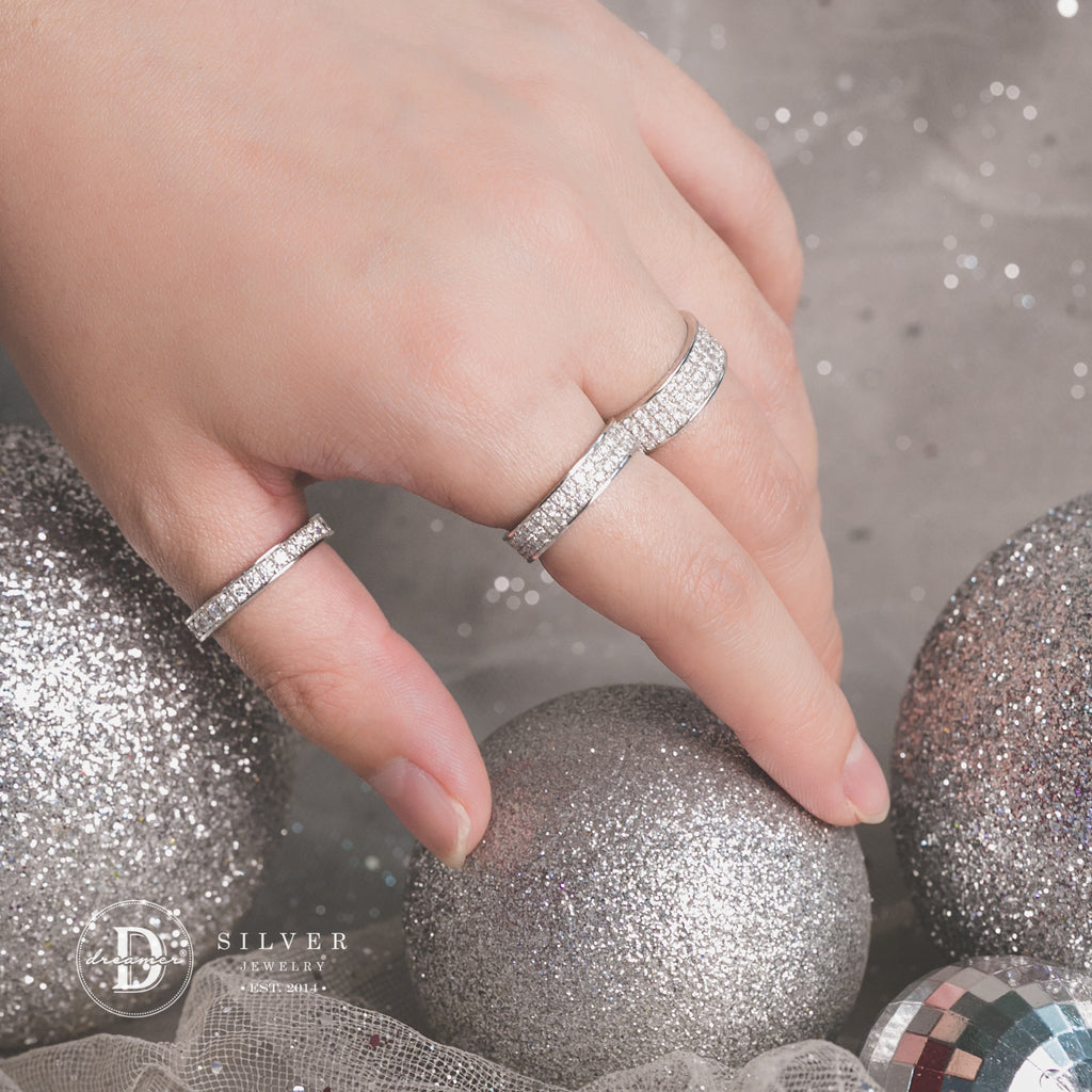 Nhẫn Bạc 950 2 Line Đá Moissanite 1.5li - Bản 4mm - Eternity Moissanite Diamond Silver Ring