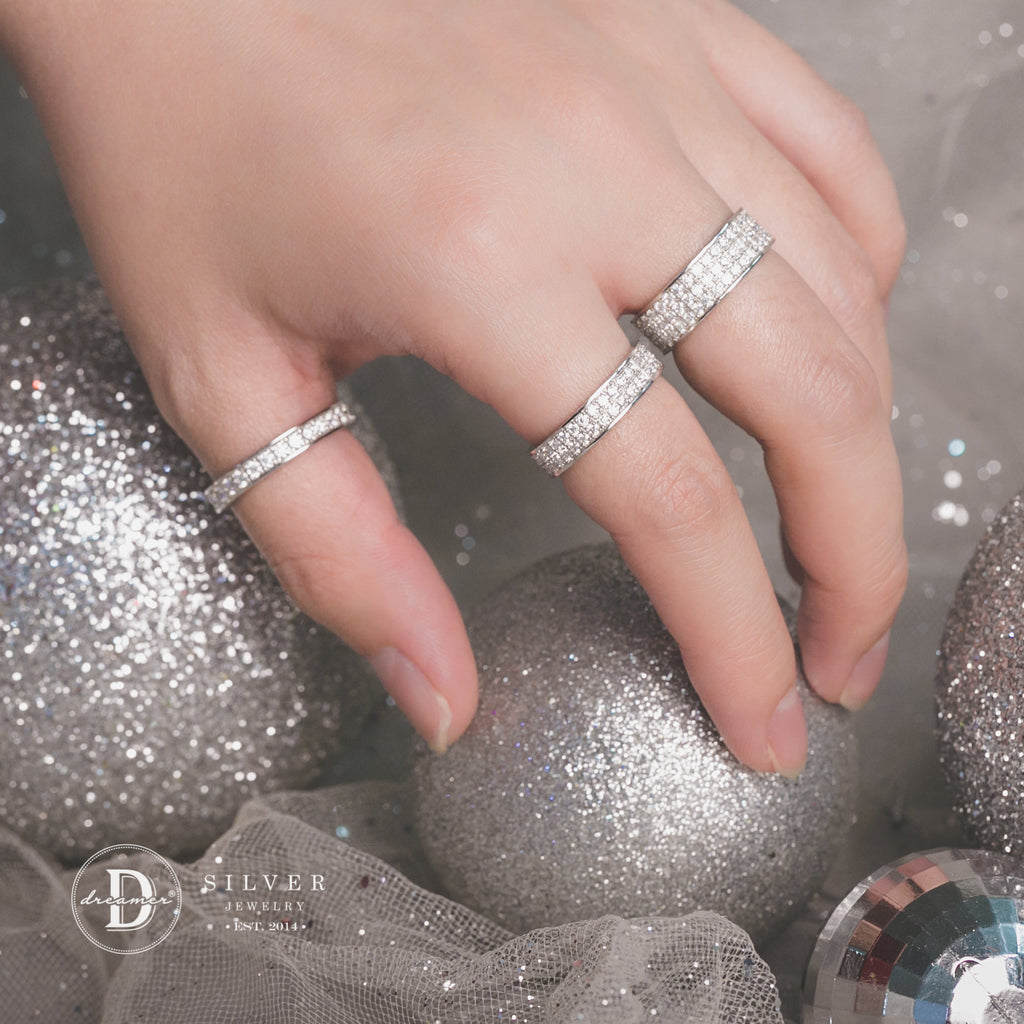 Nhẫn Bạc 950 2 Line Đá Moissanite 1.5li - Bản 4mm - Eternity Moissanite Diamond Silver Ring