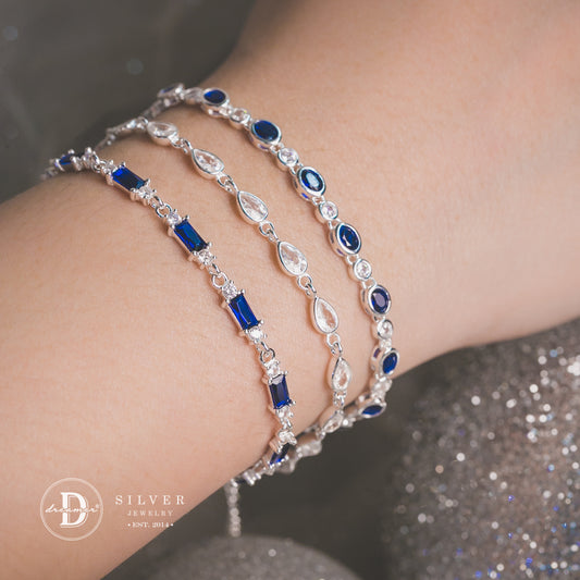 Lắc Tay Premium Dãy Đá Màu Blue Sapphire Xanh Dương - Blue Sapphire Color Stones Silver Bracelet